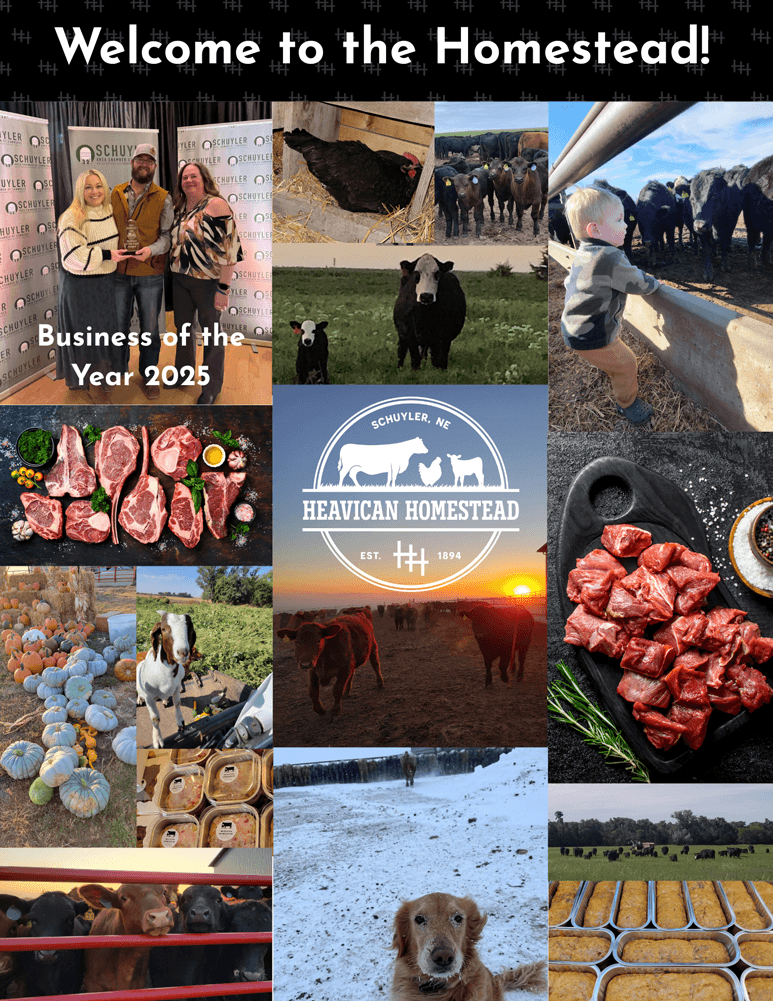Collage featuring farm animals, produce, meat cuts, a dog, and branding for "Heavican Homestead."