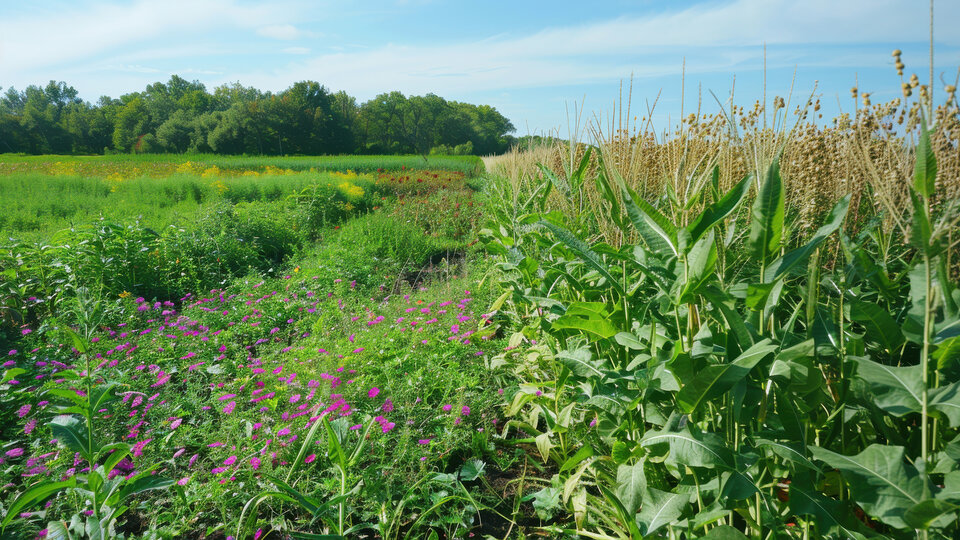 Diverse cover crop field with sudangrass, sorghum-sudan hybrids, and crown vetch enhancing soil health in a rural landscape