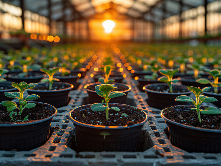 Greenhouse photo of seedlings with sunset in background