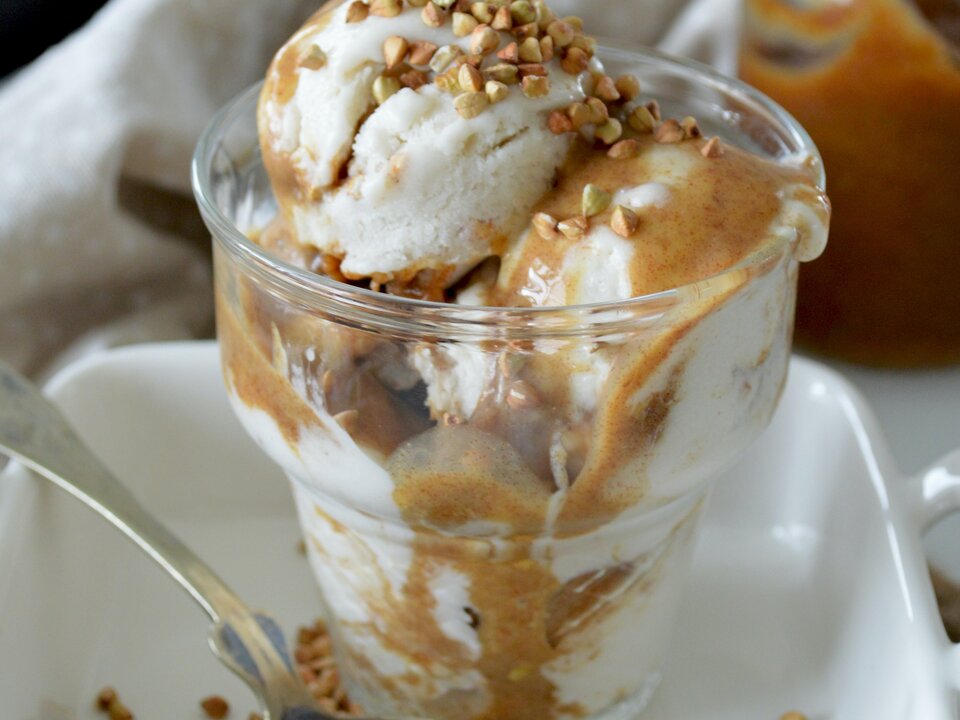 Ice cream covered in caramel