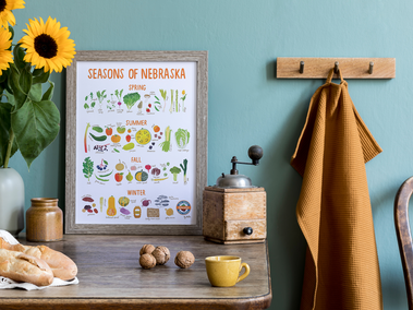 Framed Seasons of Nebraska print in a kitchen